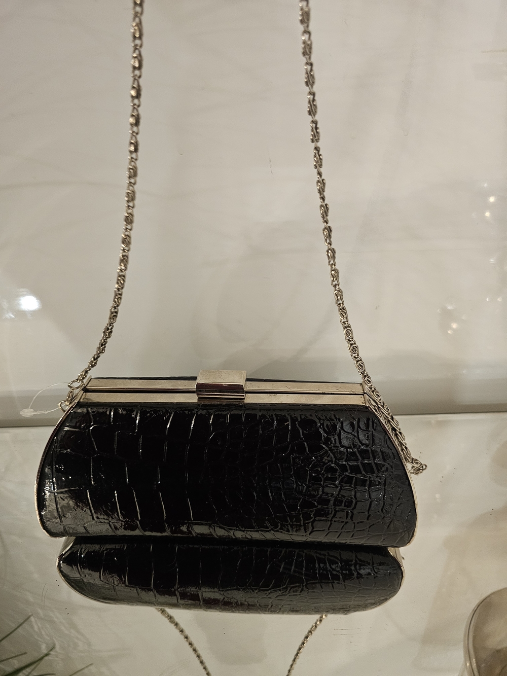 Black Croc-Embossed Chain Clutch